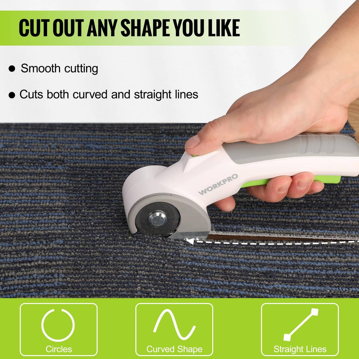 Cordless electric scissors cutting fabric, white body with green edge and guard.