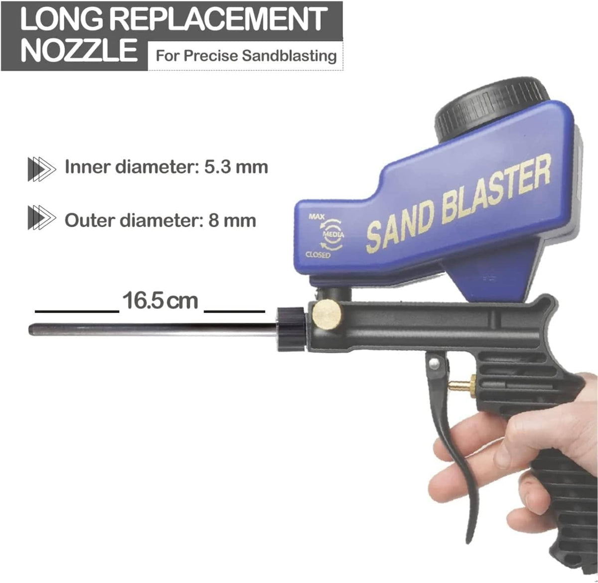 Sandblaster gun with long replacement nozzle wand attached