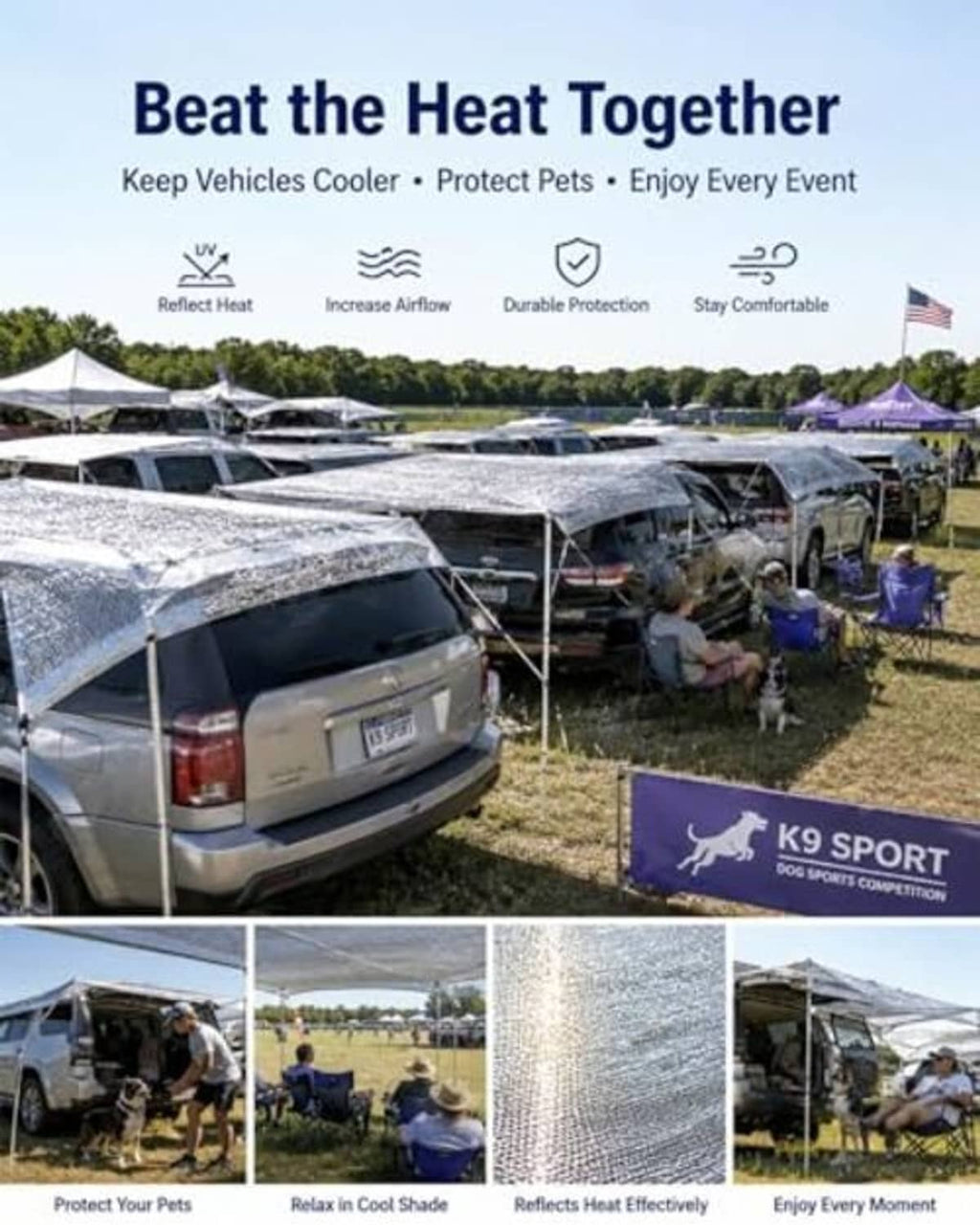 Reflective shade cloth over multiple car tops in an outdoor lot, silver mesh canopy