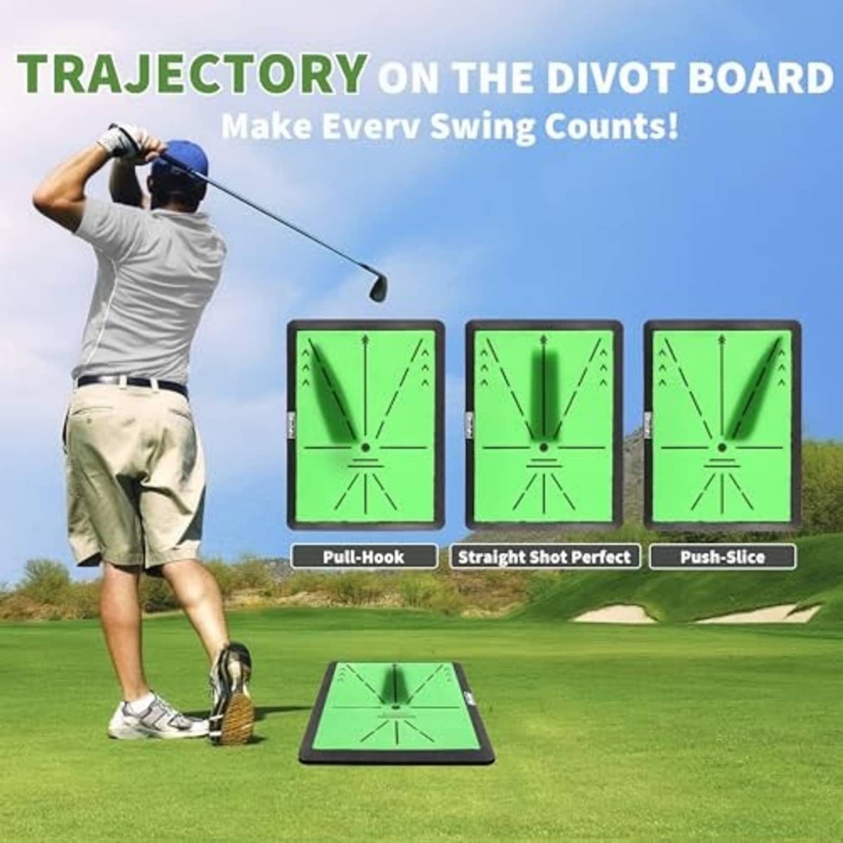 Golf practice divot board with green tracking grid and alignment lines on a black base