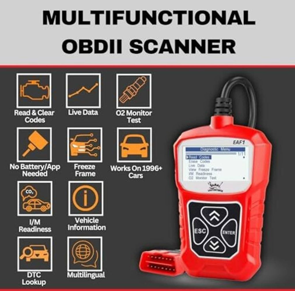 Red EAF1 multifunction OBD2 scanner with LCD screen, keypad, and OBD connector.