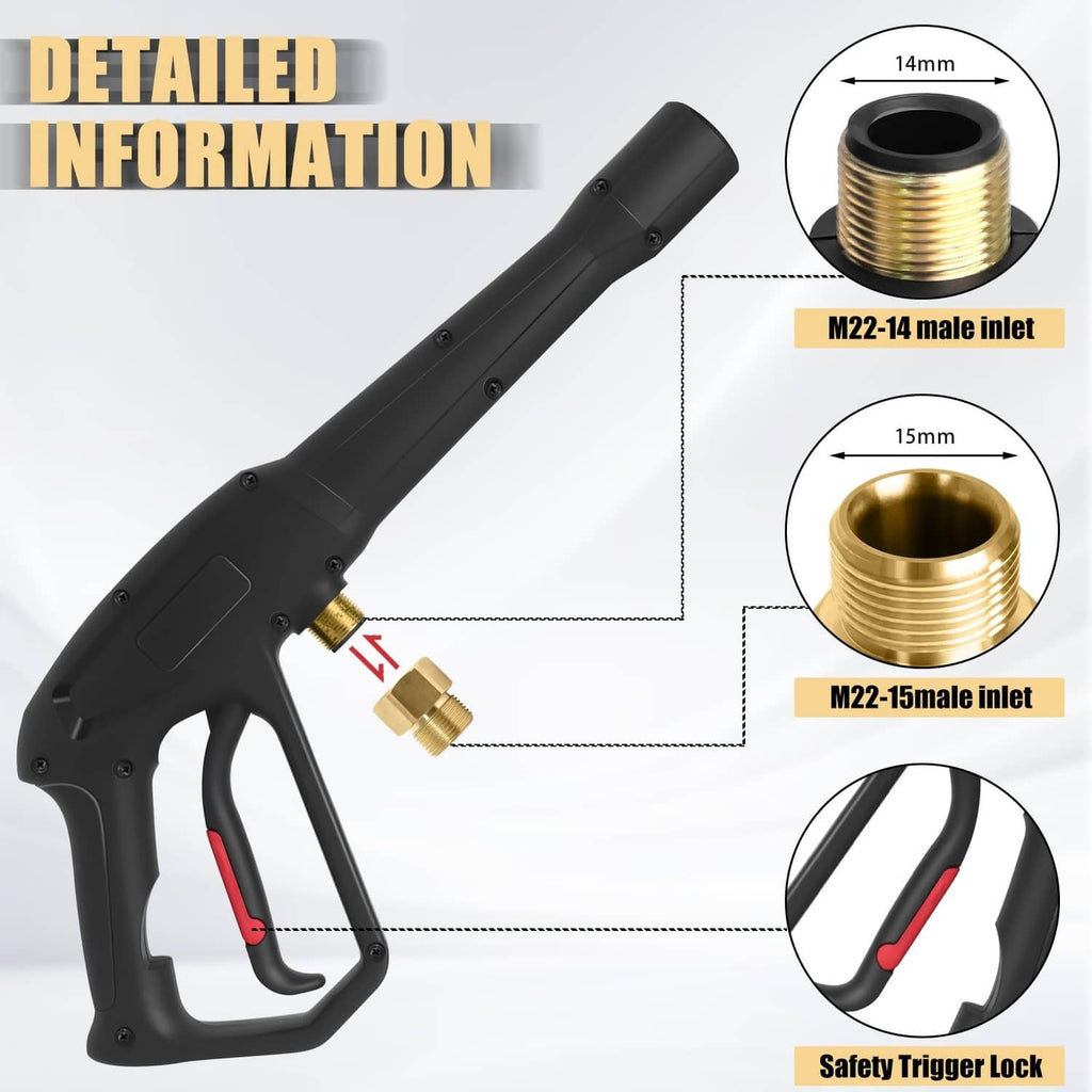 Black pressure washer spray gun with brass threaded inlet and safety trigger lock