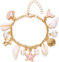 Gold-tone shell charm bracelet with pearl beads, pink starfish, conch and seashell charms