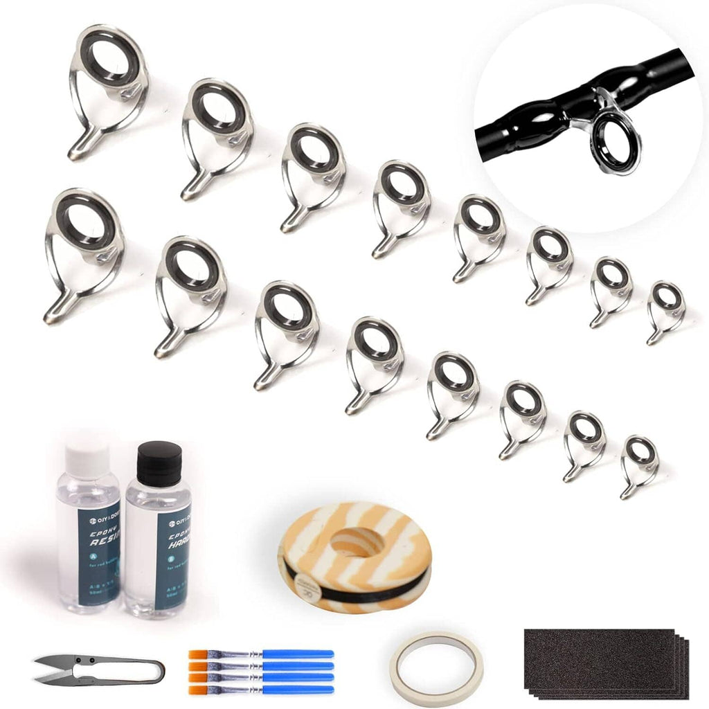 Fishing rod repair kit with metal guide eyelets, epoxy glue, masking tape, and tools