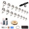 Fishing rod repair kit with metal guide eyelets, epoxy glue, masking tape, and tools