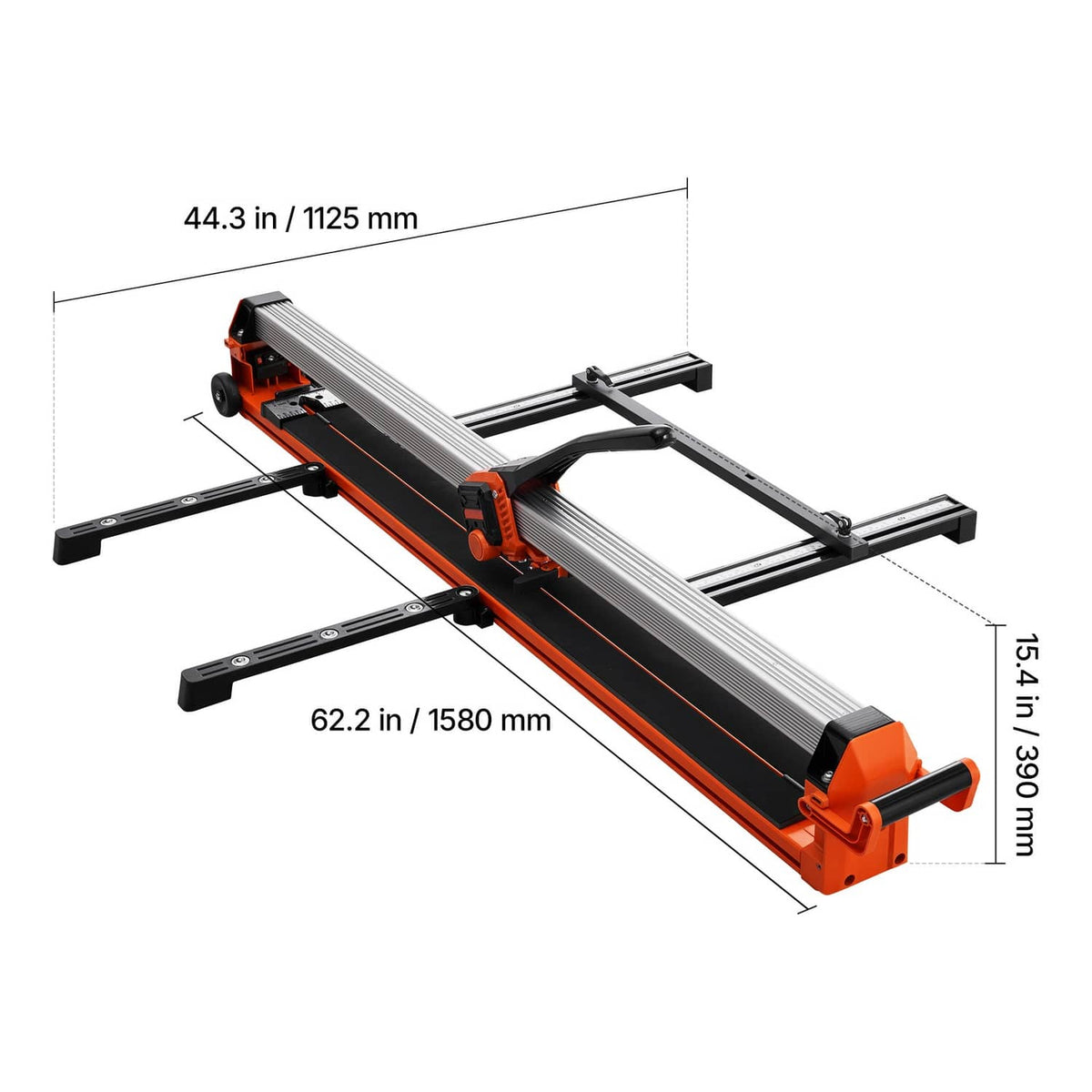 Manual tile cutter angled view with silver rail and orange cutting base diagram