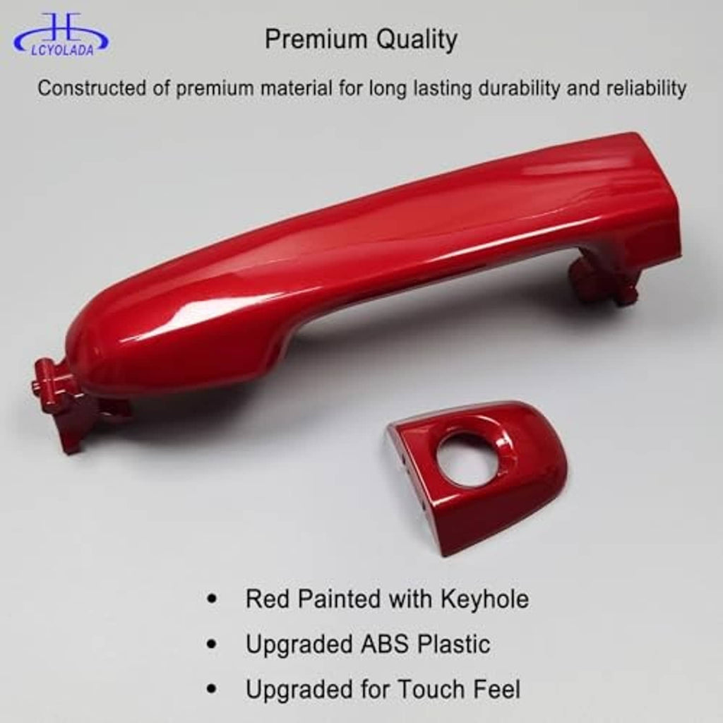 Red exterior door handle with keyhole bezel and curved handle body