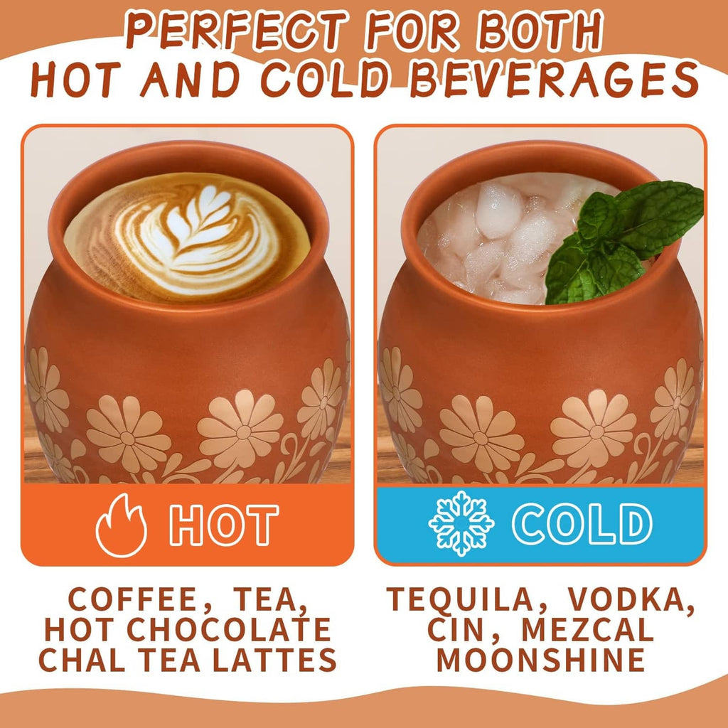 Two brown Mexican clay cantaritos with white flower pattern, hot creamy drink and cold ice