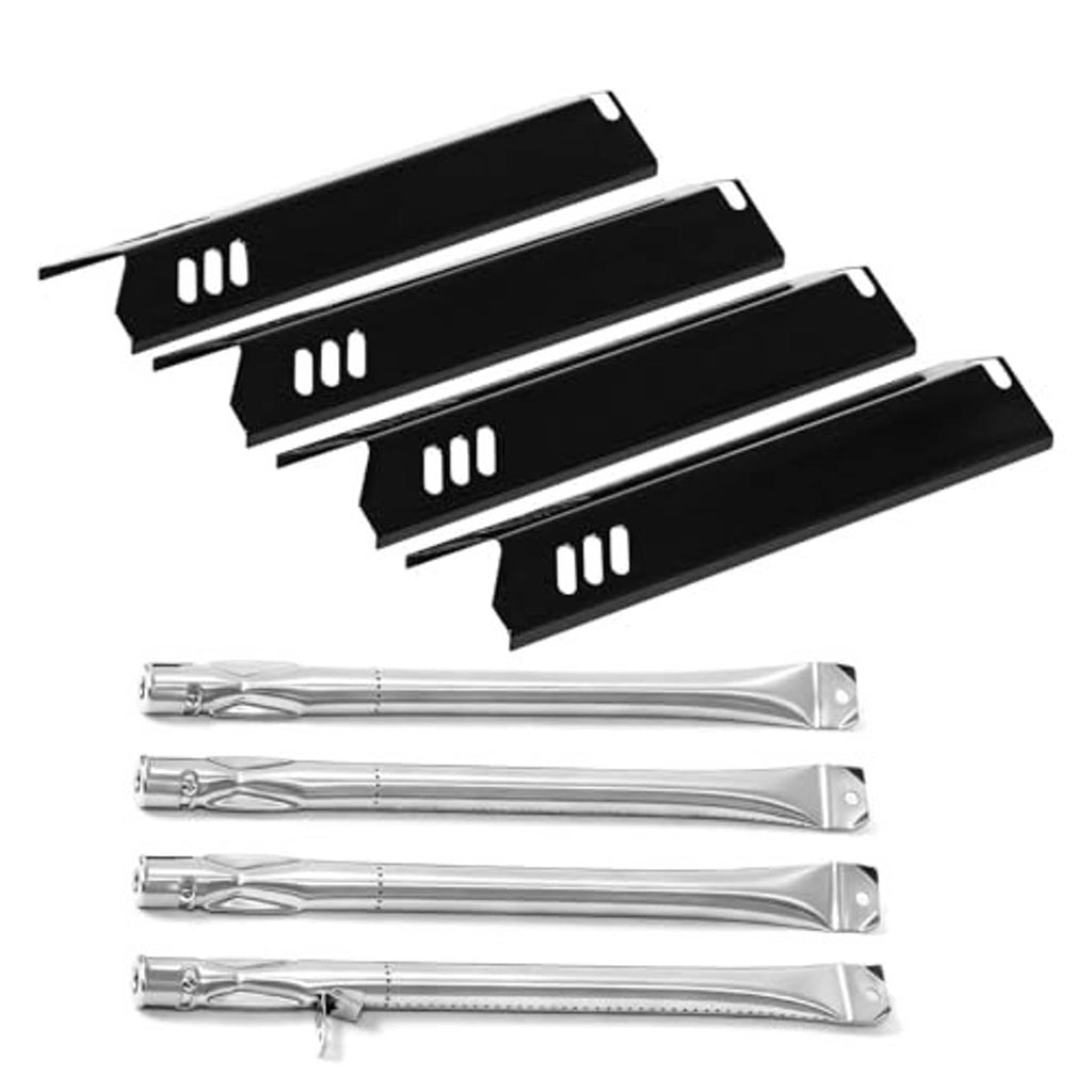 Set of four black grill flavorizer bars with vent slots and silver burner tubes