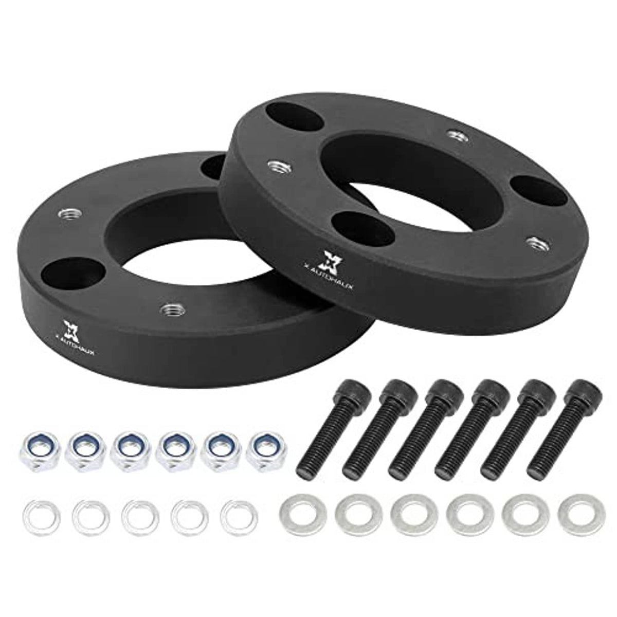 Front suspension leveling lift spacers set with bolts and washers, two-piece black design
