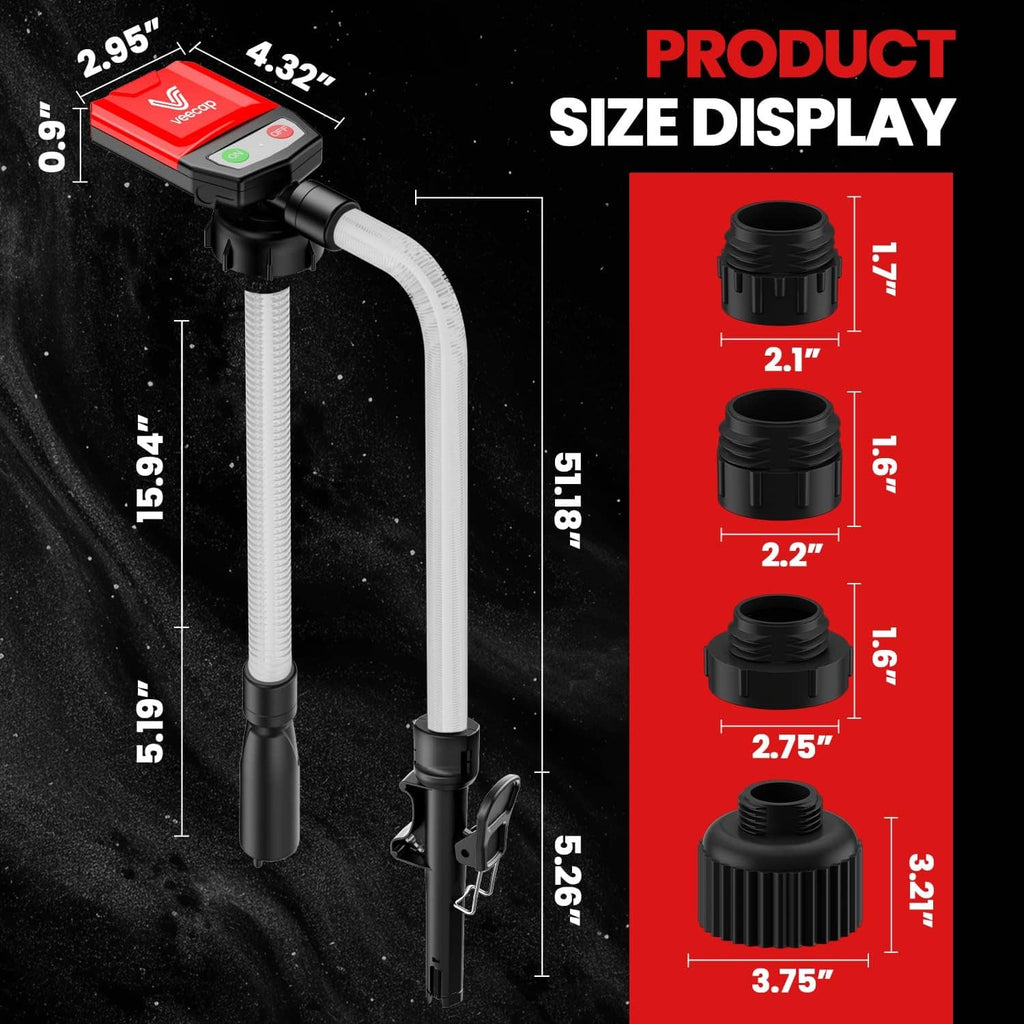 Electric fuel transfer pump size display with red control housing and white hose