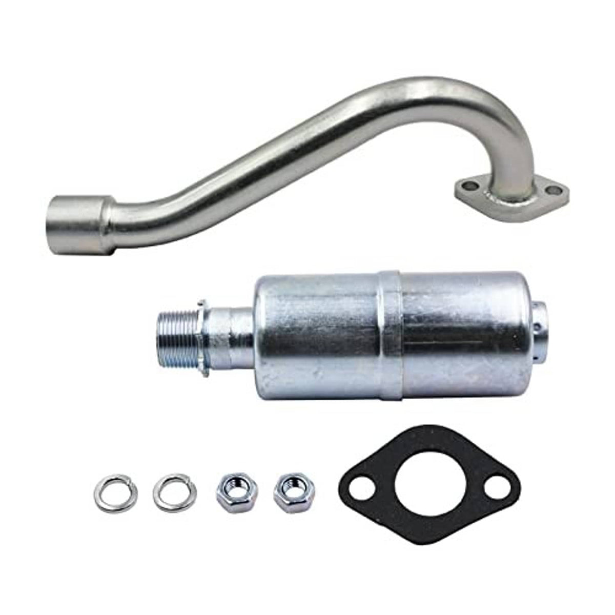 Rear exhaust muffler kit with curved chrome header pipe, muffler can and mounting hardware