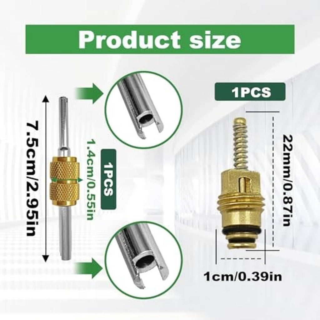 Gold air conditioning valve core with threads and measurement guide diagram