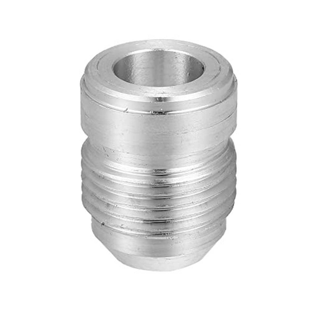 Silver aluminum weld-on hose adapter bung fitting with internal opening and ringed threads.