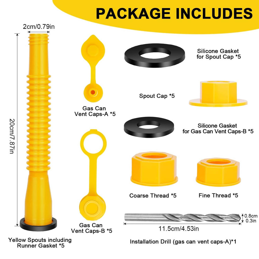 Gas can spout kit components: yellow nozzles, vent caps, silicone gaskets, drill