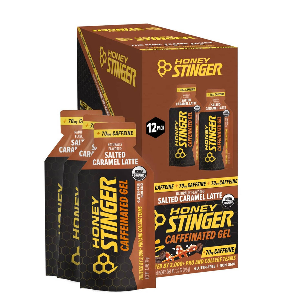 Honey Stinger salted caramel caffeinated gel 12-pack carton with gel pouches