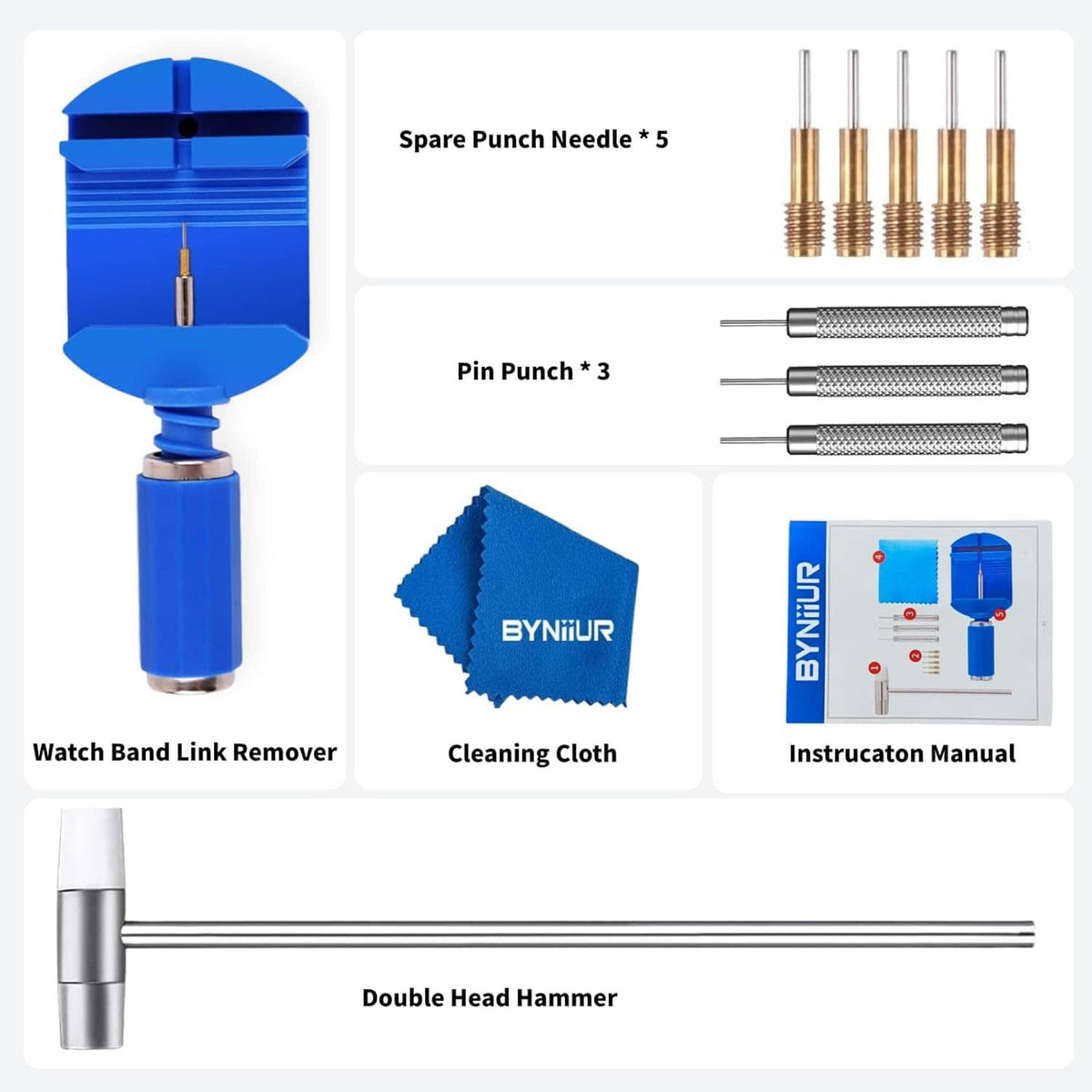 Watch link remover kit parts: spare punch needles, pin punches, cleaning cloth, manual
