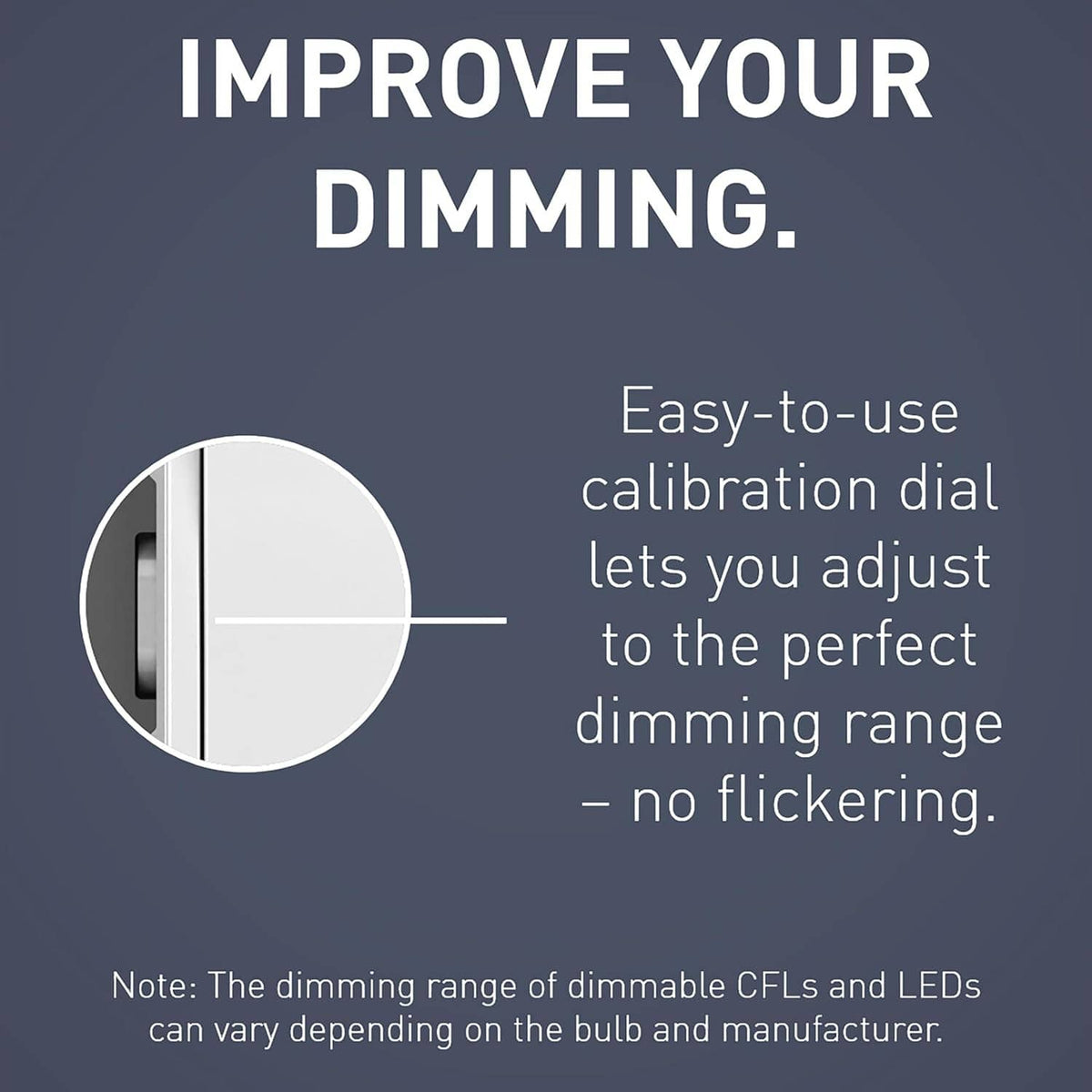 Marketing graphic: easy-to-use calibration dial for smooth, no-flicker dimming