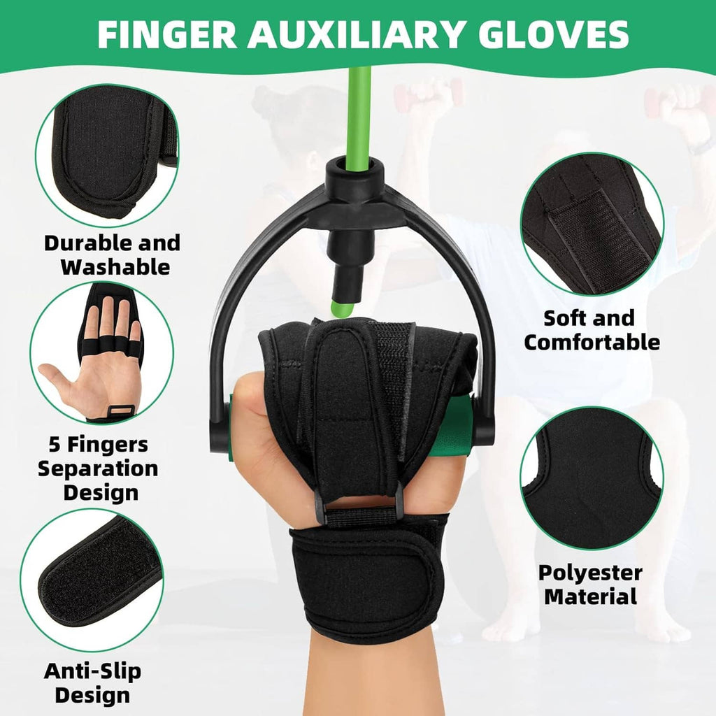 Black finger splint glove on hand with green support, five-finger separation design