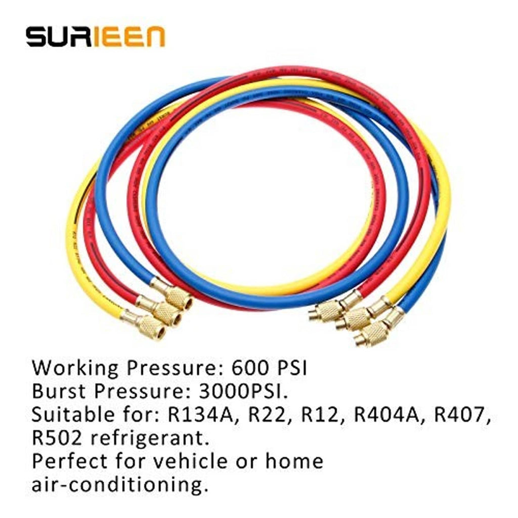Refrigerant charging hose set with blue, yellow, and red lines and brass coupler ends