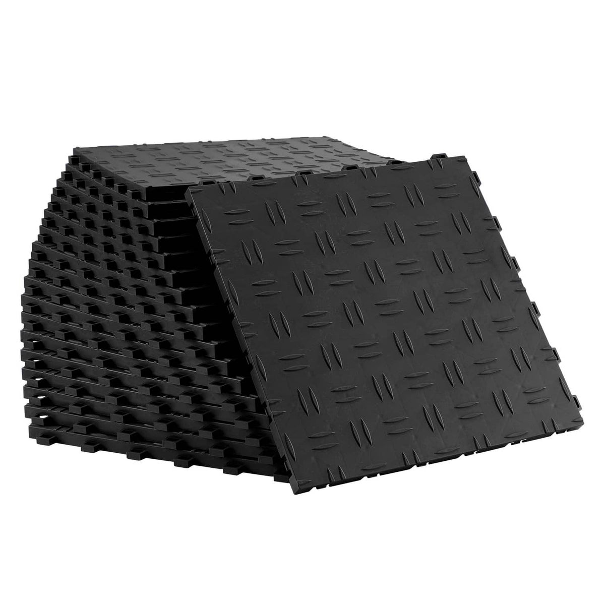 Stack of black interlocking garage floor tiles with raised diamond tread texture