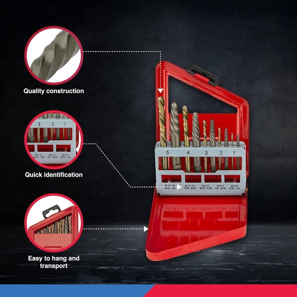 Red extractor set with labeled left-hand drill bits in molded carrying case