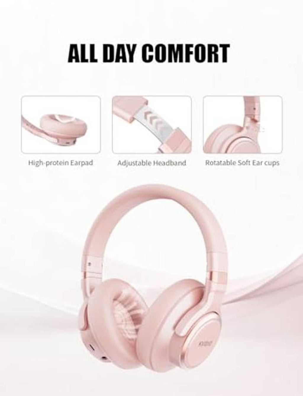 Pink over-ear headphones with adjustable headband and rotatable soft ear cups