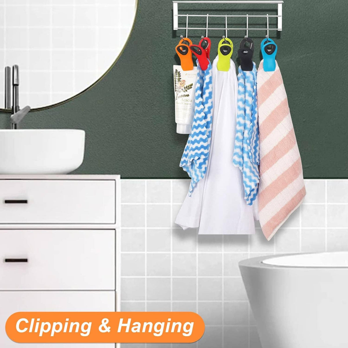 Colorful magnetic bag clips hanging on a kitchen rack for sealing food bags