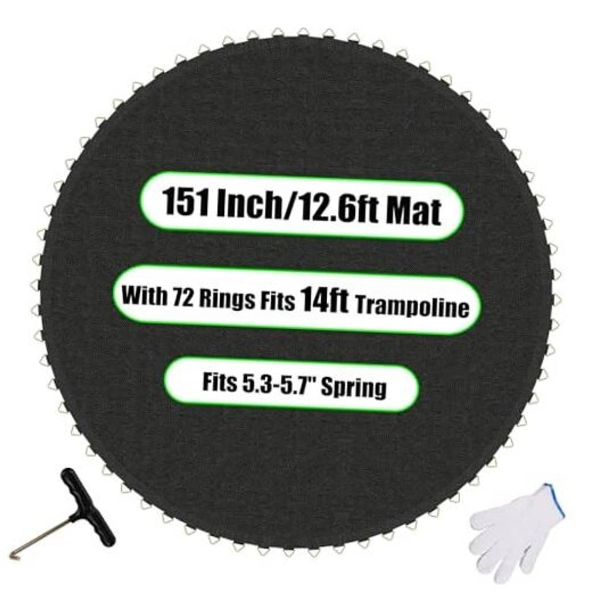 Round black trampoline mat with metal spring rings around the edge