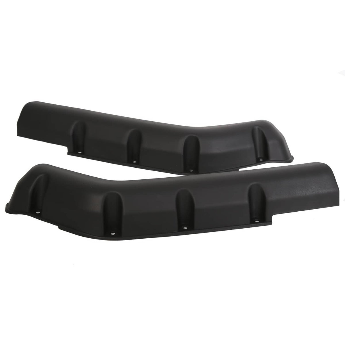 Two black fender flare pieces with raised ribs and mounting tabs for screws.