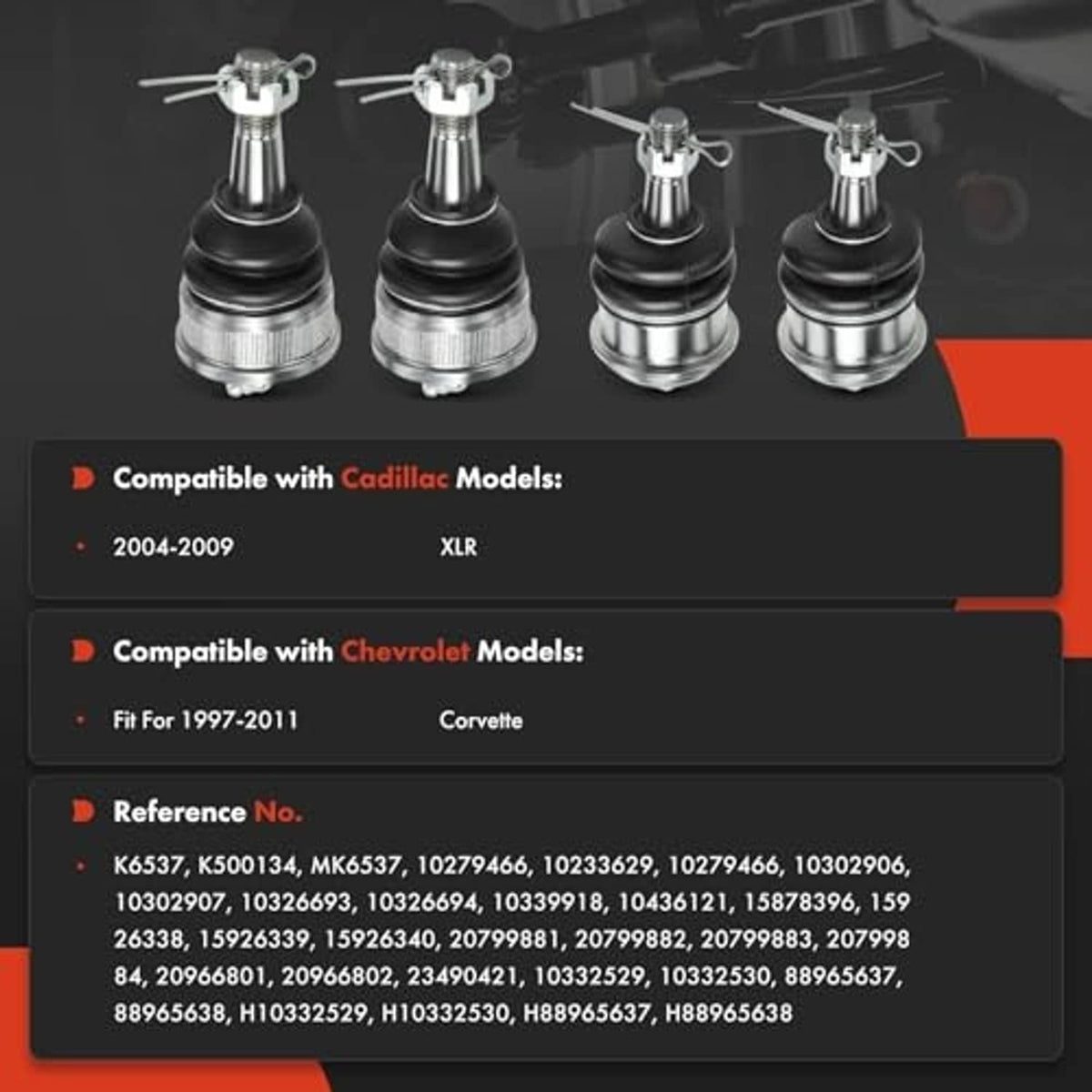 Set of 4 upper and lower ball joints with chrome metal housings and black rubber boots