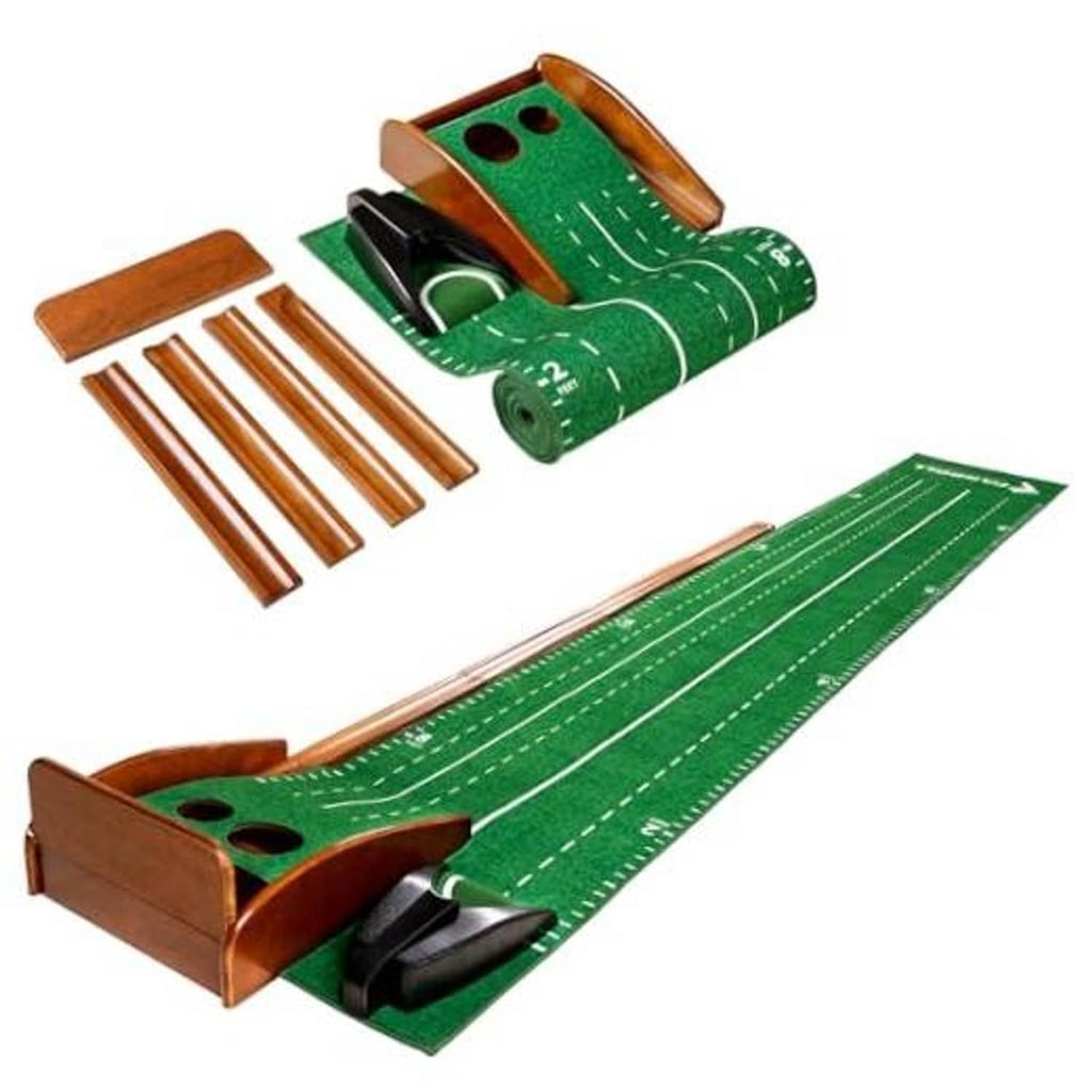 Indoor outdoor golf putting green mat with automatic cup, green felt surface, wooden rails