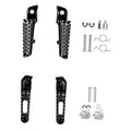 Black motorcycle front and rear foot pegs with textured rubber grip
