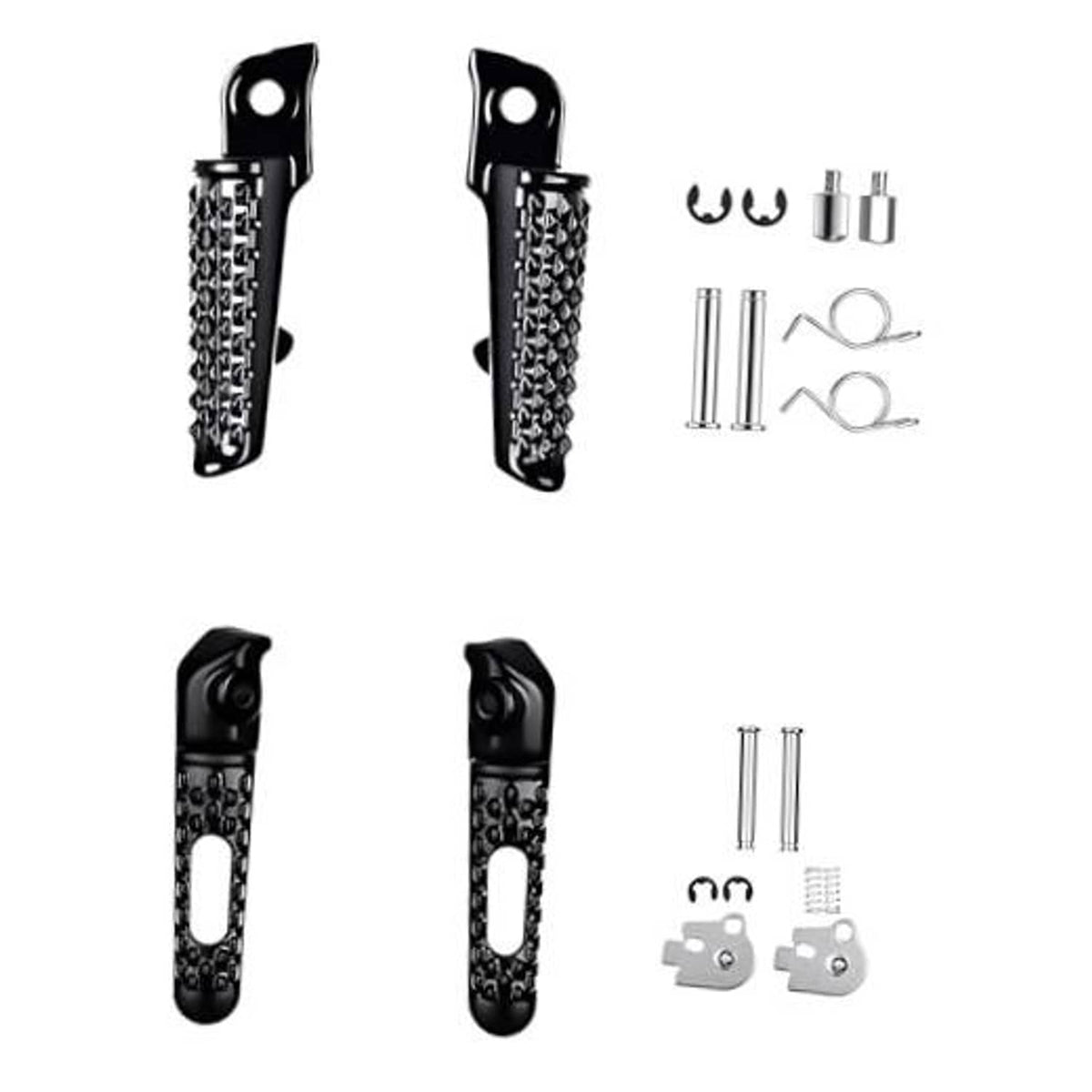 Black motorcycle front and rear foot pegs with textured rubber grip