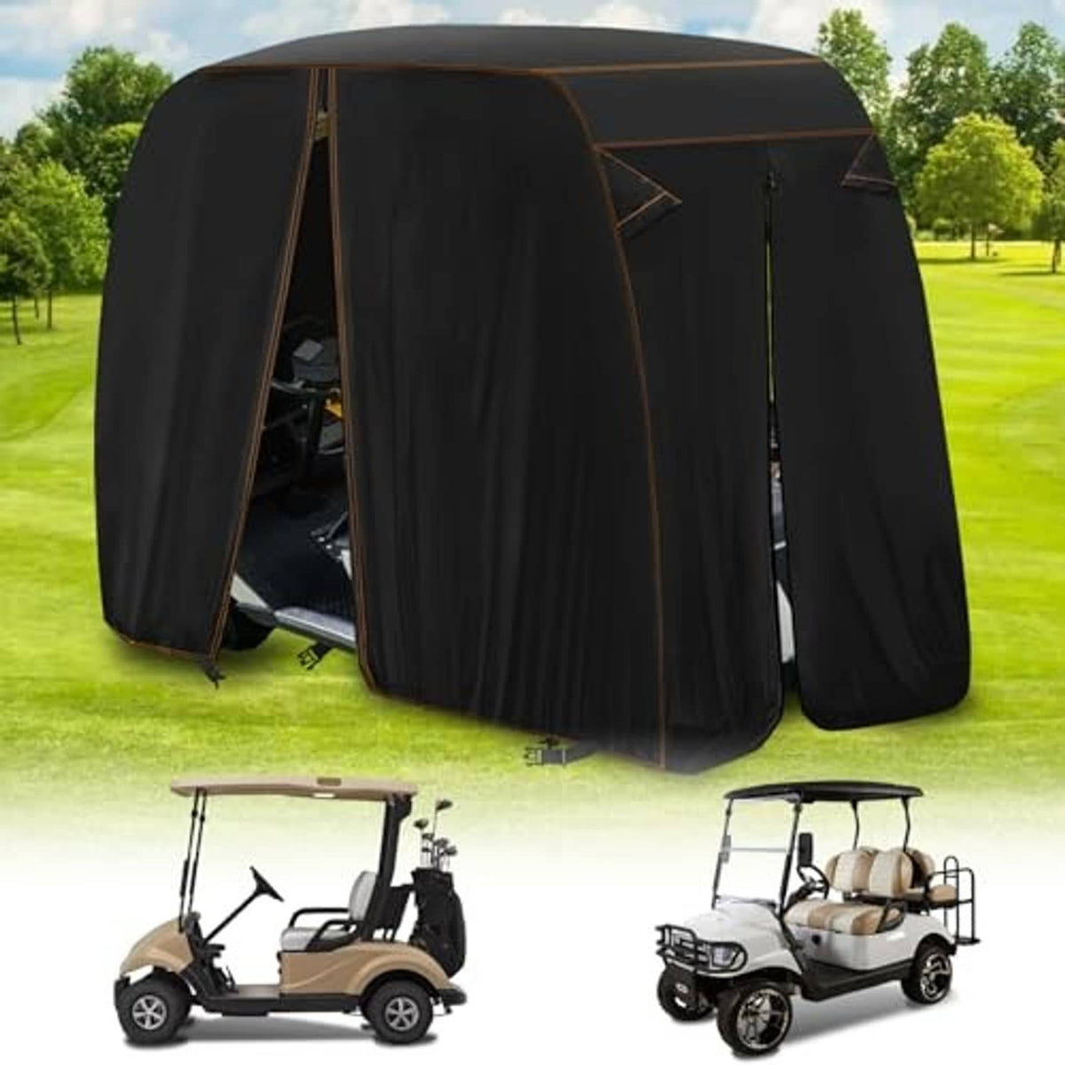 Black golf cart cover for 2 seats, enclosed fit with front and side zipper openings