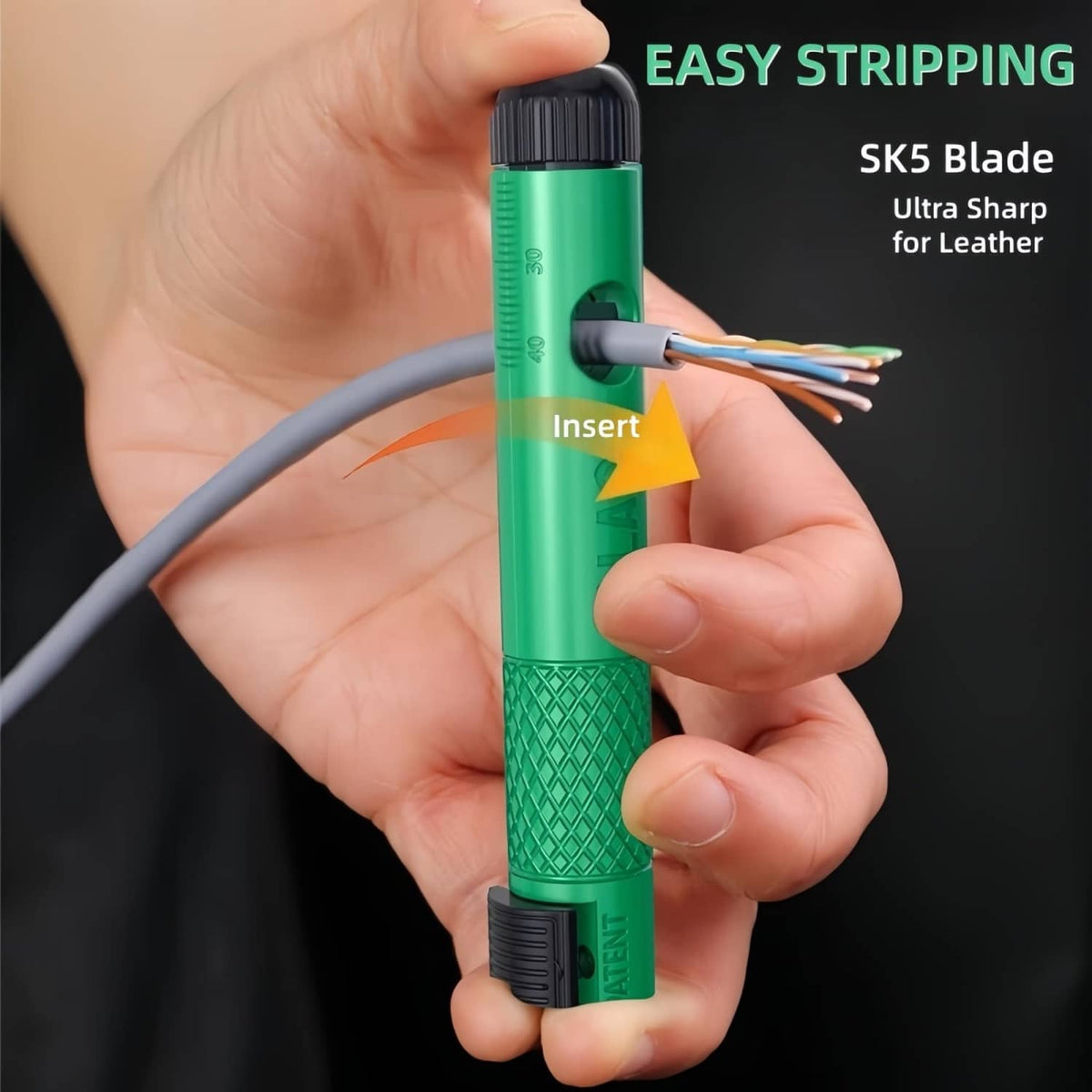 3-in-1 rotary cable stripper tool in green with blade opening and grip ridges