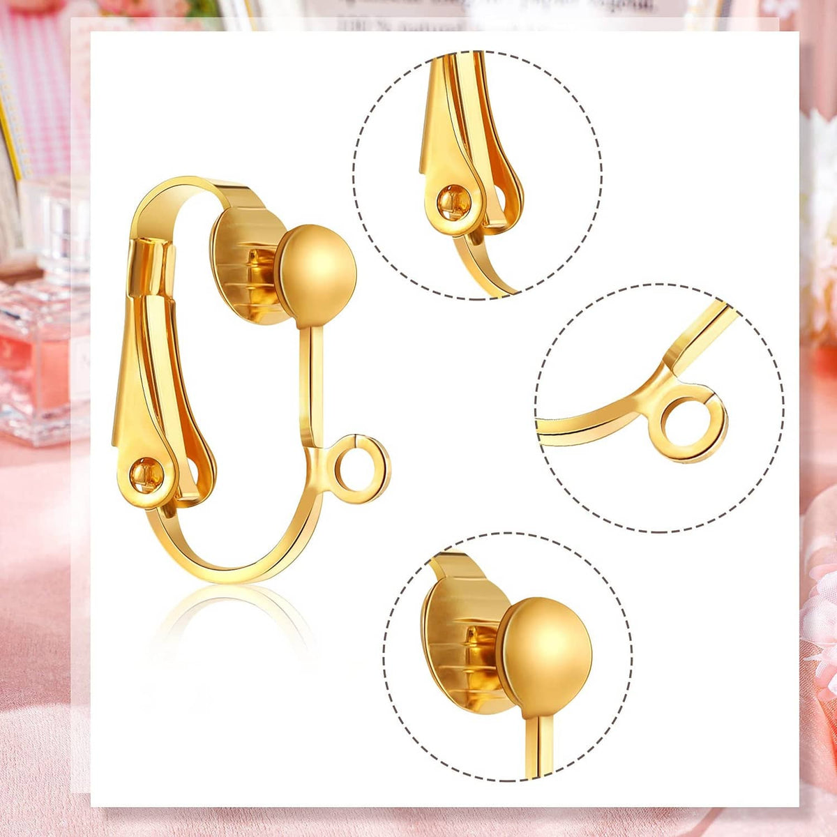 Gold-tone clip-on earrings pair with round discs and curved bar posts