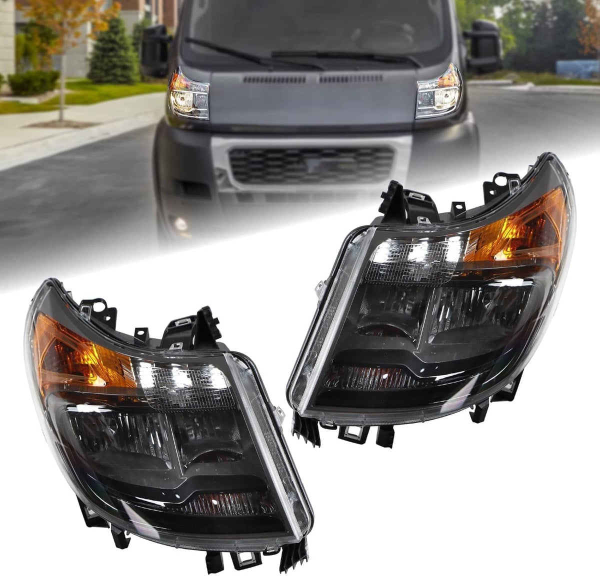 Pair of black projector-style headlights with amber turn signal and clear lenses