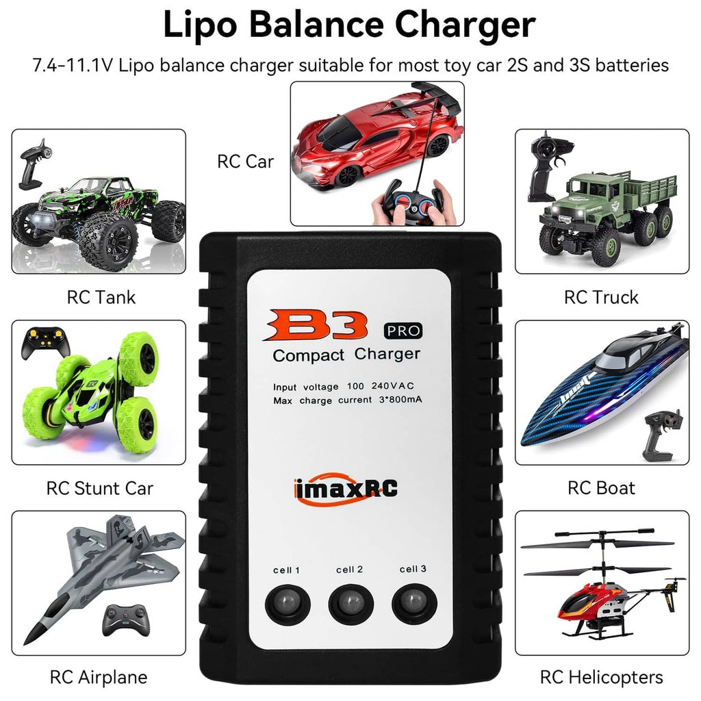 Black LiPo balance charger for 2S and 3S RC batteries with cell indicator panel