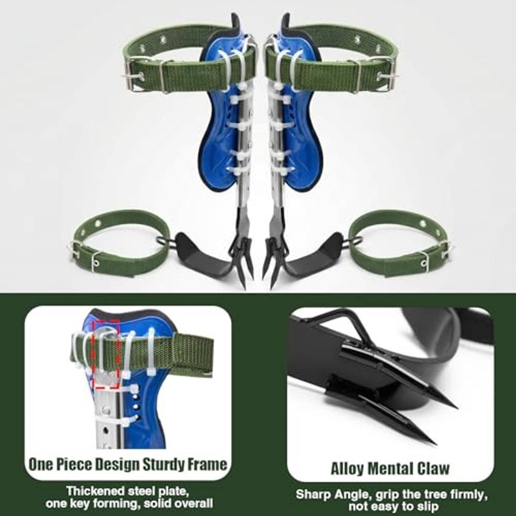 Pair of tree climbing spikes with green belts and black ankle straps, plus spare claws