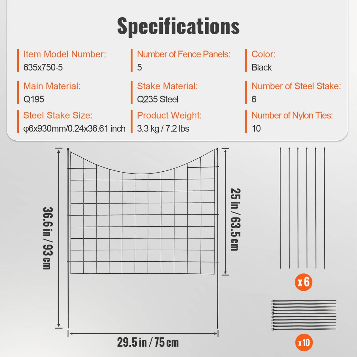 Garden fence panel specifications diagram with black stakes and grid panels on white background