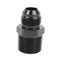 Black AN-to-NPT straight pipe fitting adapter with hex flats and male threaded ports