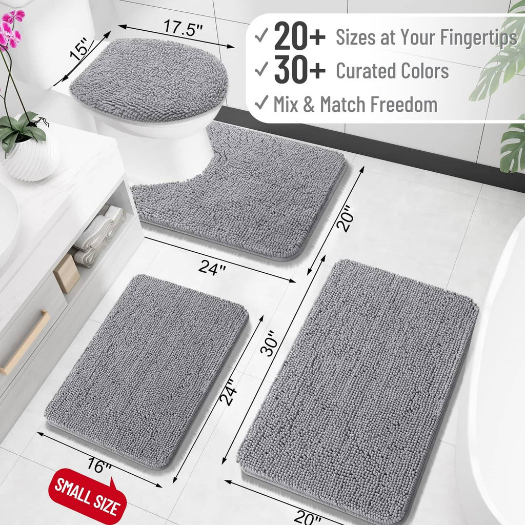 Grey chenille bathroom rug set of three mats, rectangular