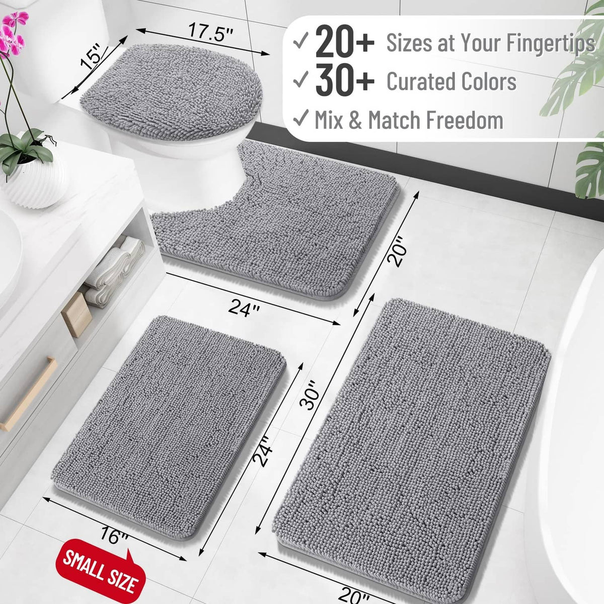 Grey chenille bathroom rug set of three mats, rectangular