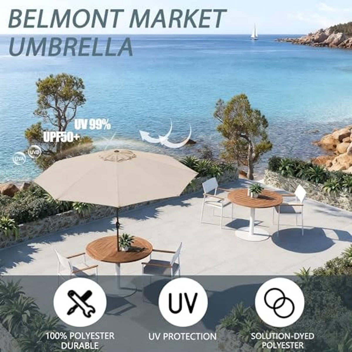 Beige outdoor patio umbrella with open canopy and center pole.
