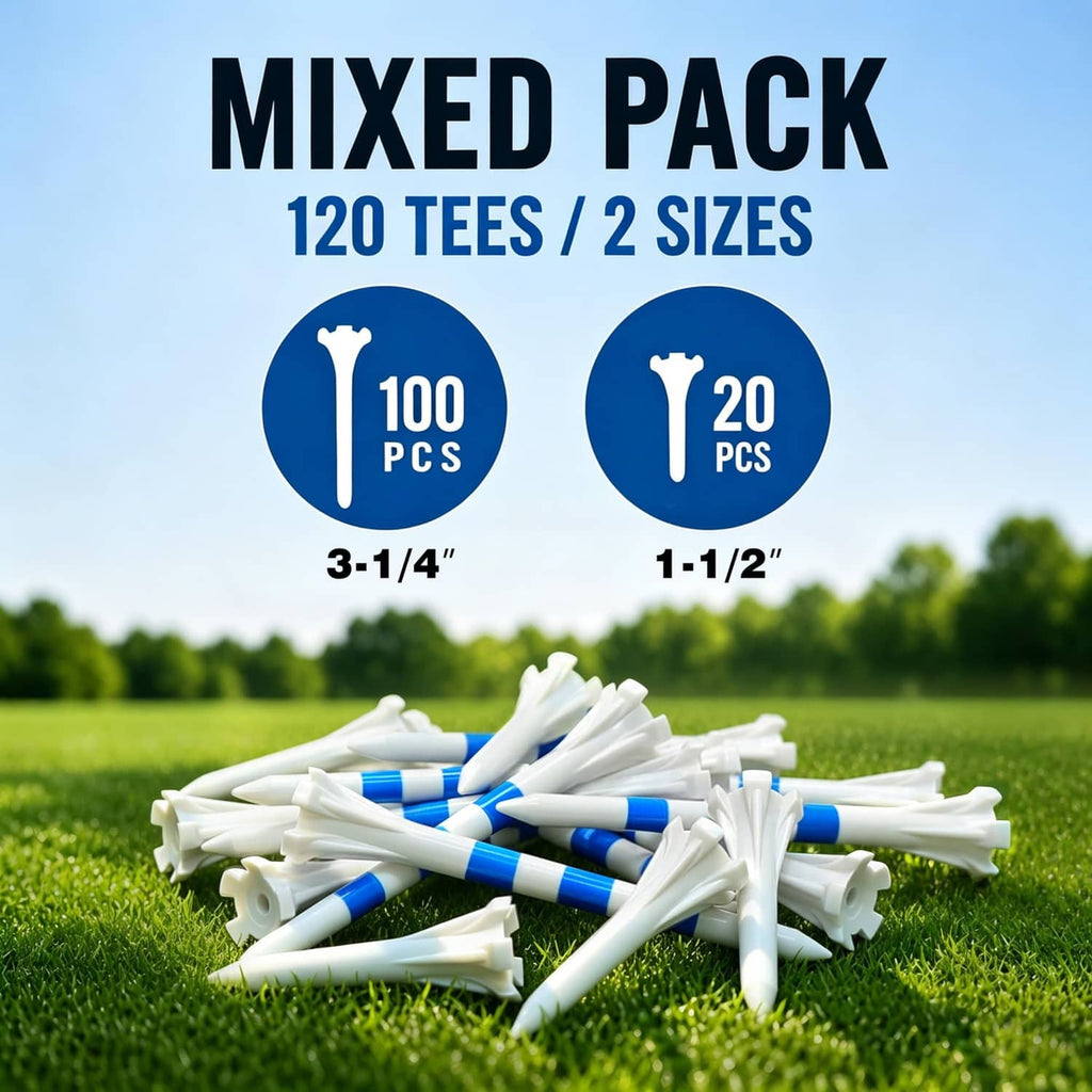 Mixed pack of white golf tees with blue stripes, two lengths