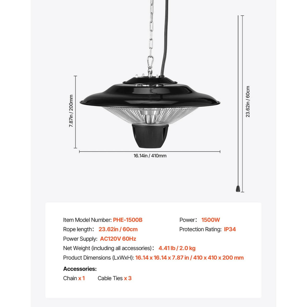 Infrared patio heater with dimensions shown; black dome with chain suspension