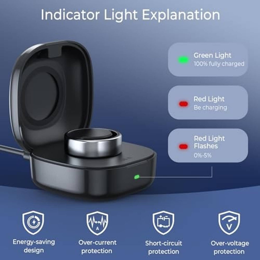 Black charging case with green indicator LED and circular metal charging base