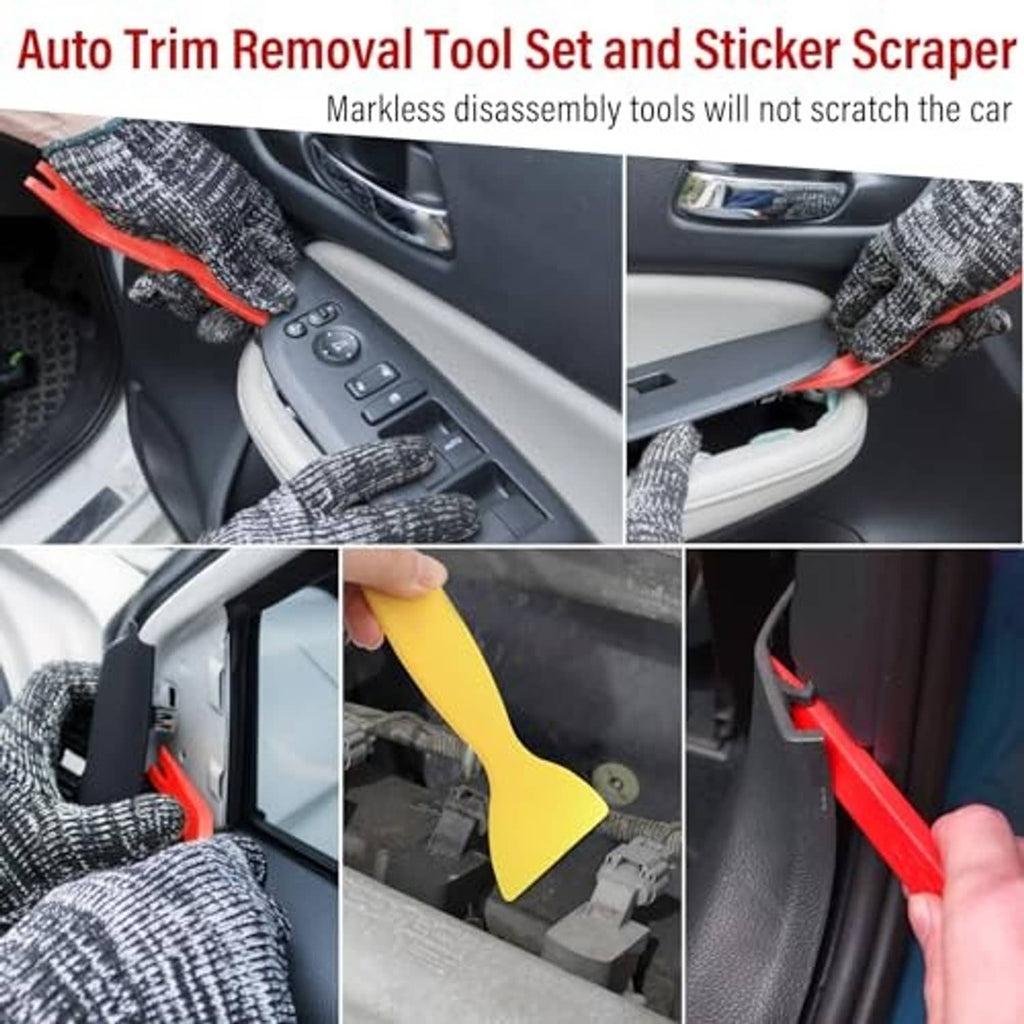 Red auto trim removal tools and sticker scraper for prying and lifting interior trim