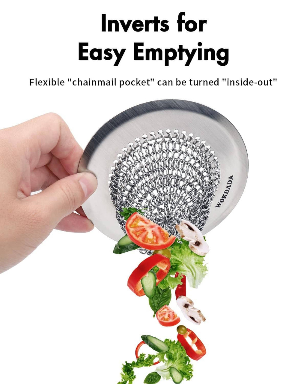 Stainless steel drain strainer with chain-mesh basket holding food scraps